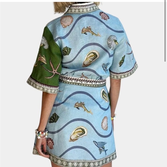NWOT Bath House Mini Linen Sea Life Print Shirt Dress, L - Picture 2 of 8